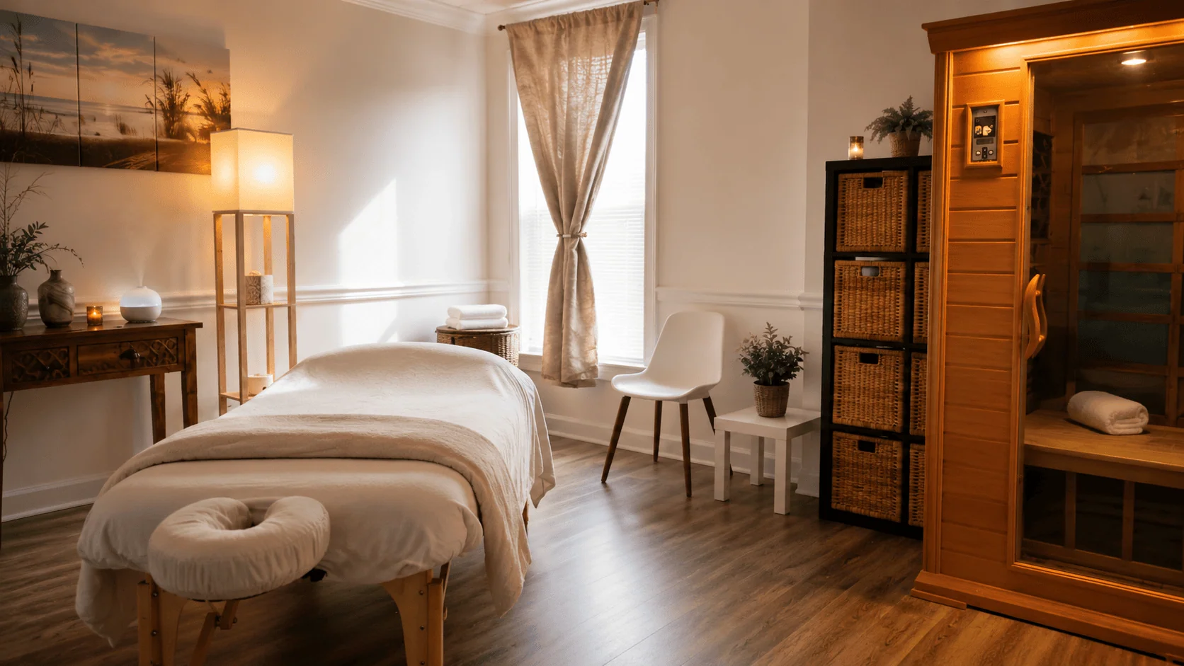 The Bella Sova treatment room in Dunwoody: a massage table made up in white linens under warm lamplight, with the infrared sauna along the far wall